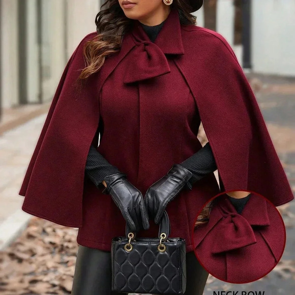 Jackets & Blazers - Burgundy Elegant Women's Plus Size Poncho Short Woolen Coat